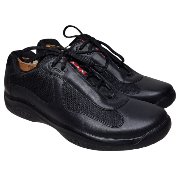 Prada America's Cup Men's Black Mesh Leather Lace-Up Low-Top Sneakers Sz 10.5 - Picture 1 of 13